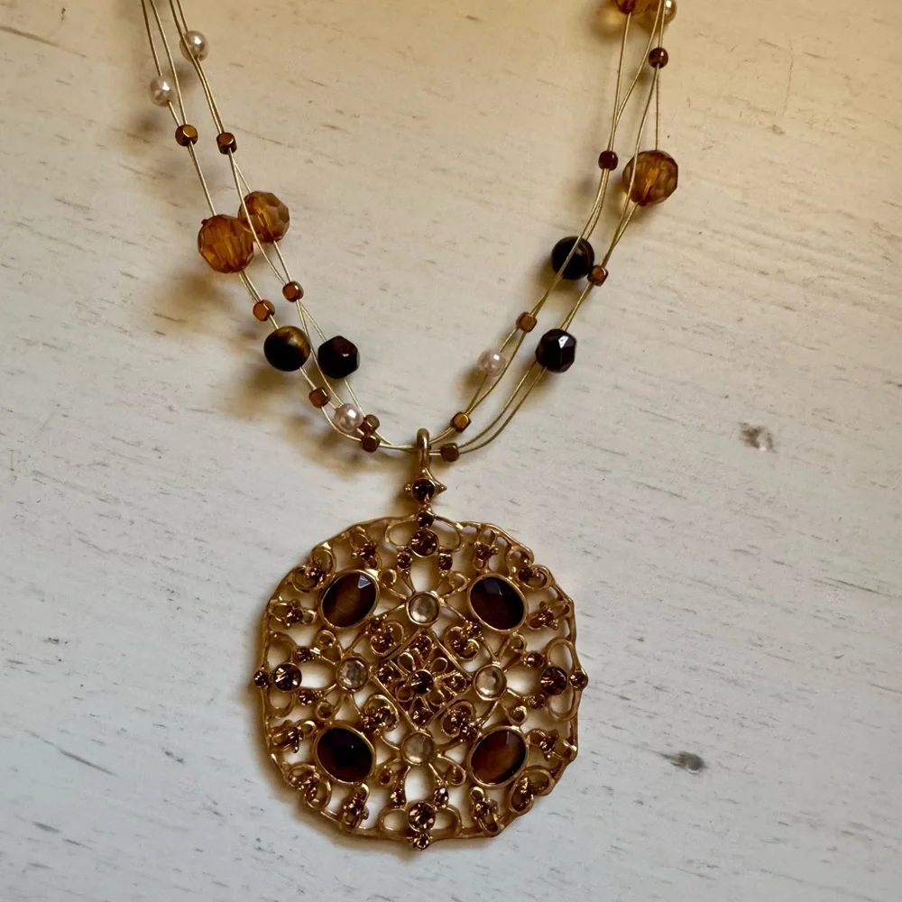 Gold Filigree Medallion Multi-Strand Necklace Boho Chic Statement